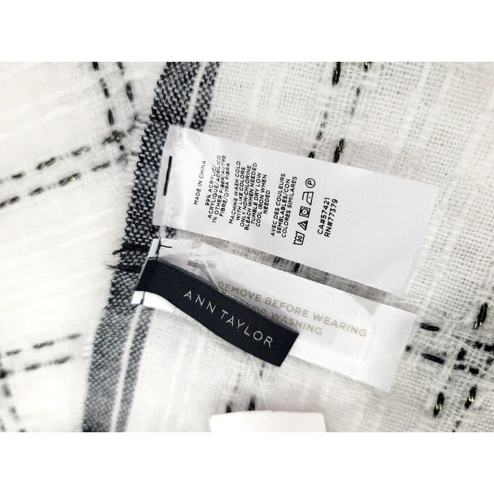 Ann Taylor Fringed Blanket Scarf White Black Plaid Gold Accents 80x27 NWT $70